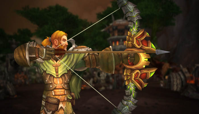 A human hunter aimed his bow in World of Warcraft