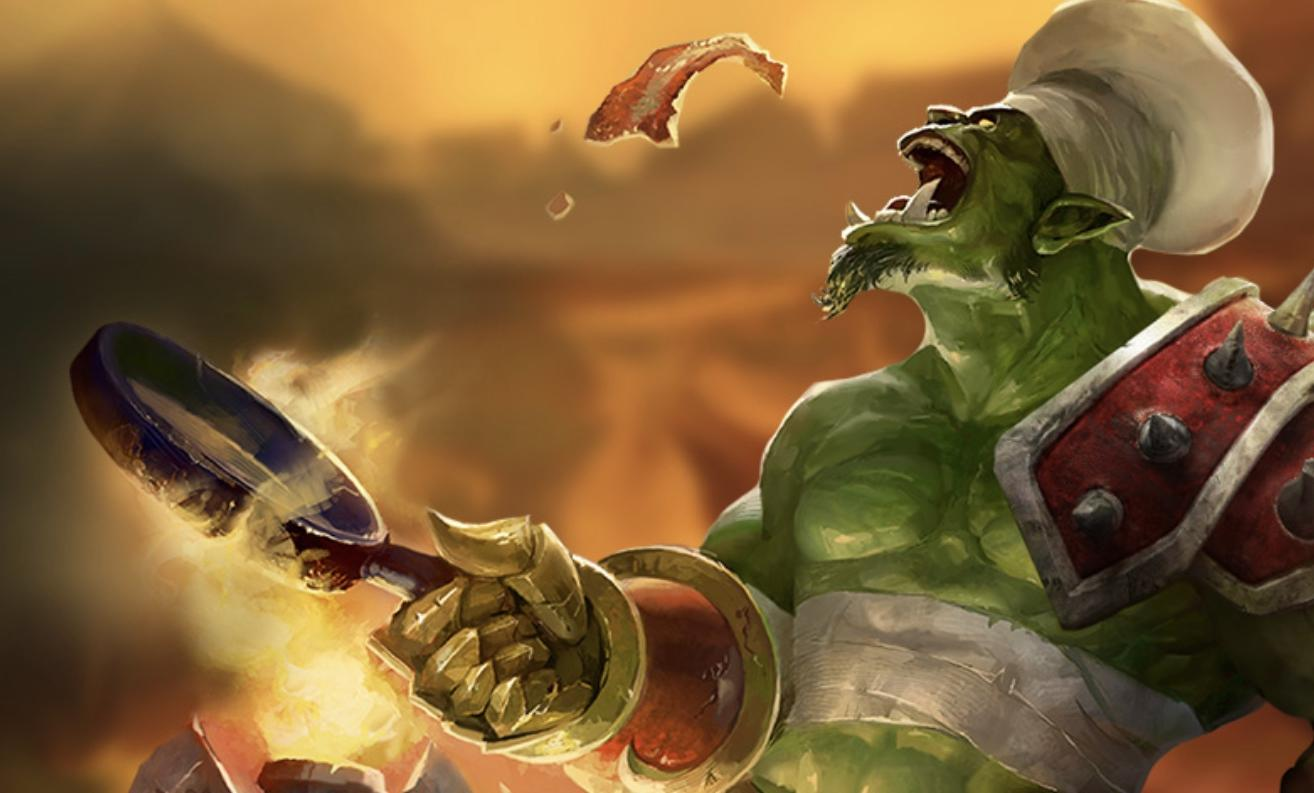 Ogre in World of Warcraft eating something from the pan