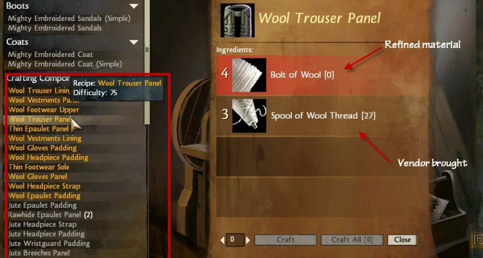 This image shows the Crafting Interface in Guild Wars 2