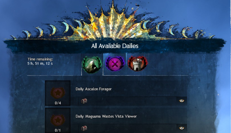 This image shows the tab for Daily Farm in Guild Wars 2