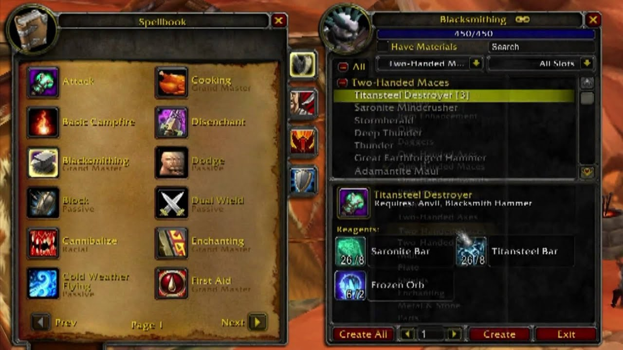 Blacksmithing menu in World of Warcraft