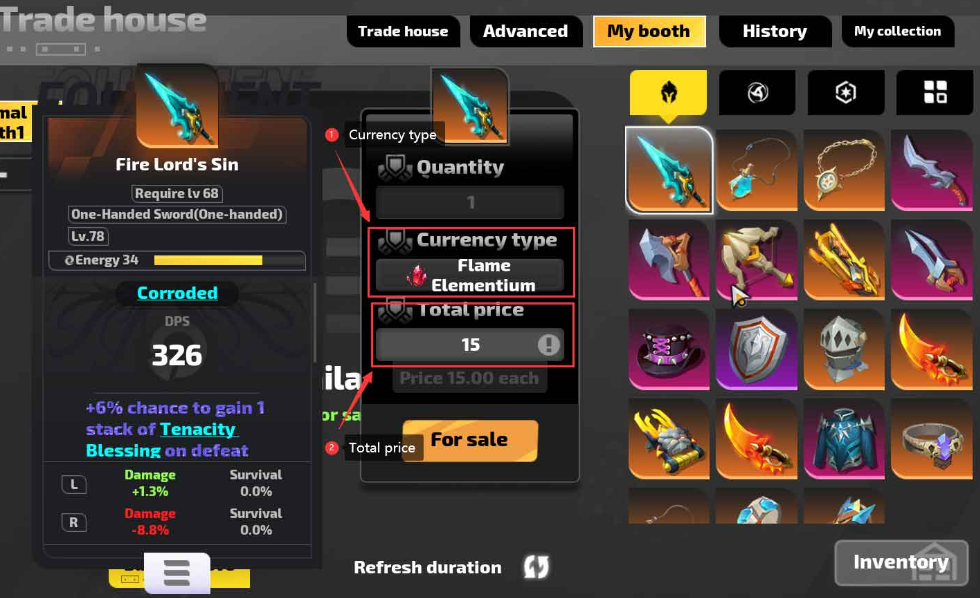 This image shows the Auction House or Trade House to get Flame Elementium in game