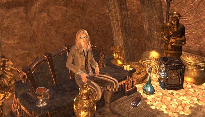 A woman sorrounded by wealth and a ton of Gold in The Elder Scrolls Online