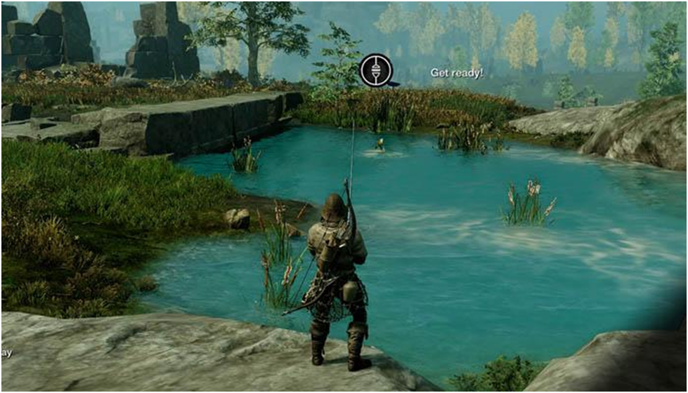 A warrior fishing in a small bodie of water in New World