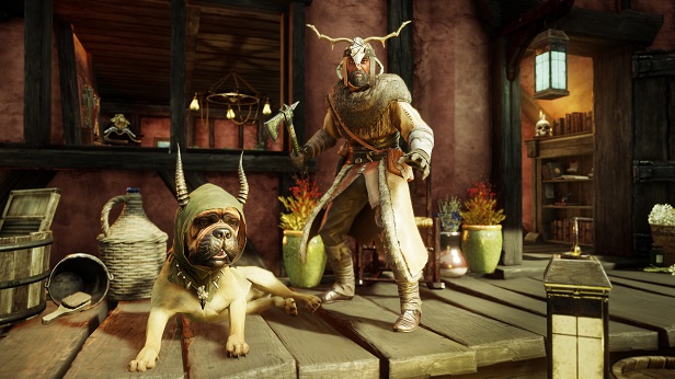 A character with the woodsman skin and the Mastiff House Pet