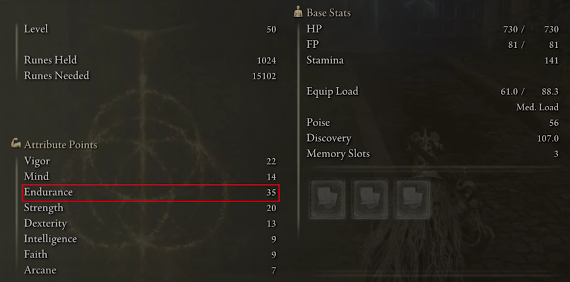 This is the in game Stats and Attributes of Champion Build in Elden Ring