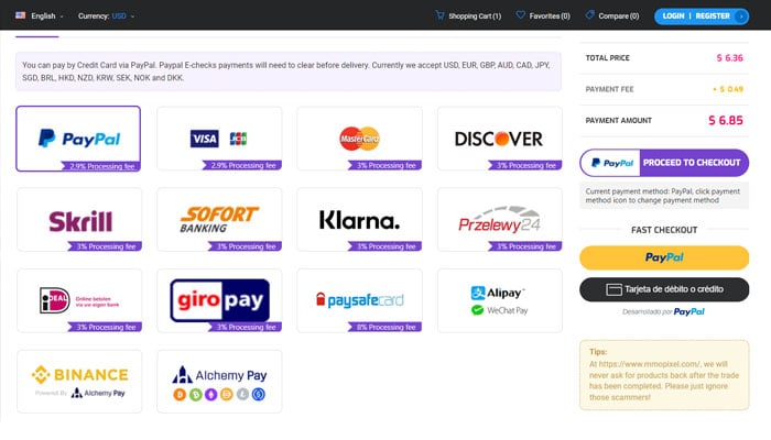 Several Payment Methods are available at MMOPixel