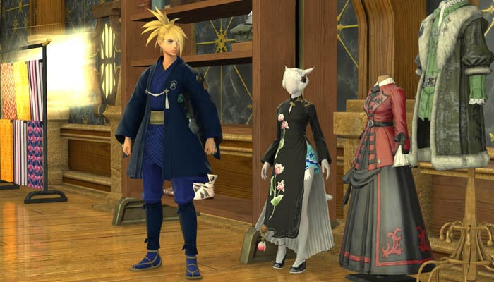 A character purchasing clothes from a merchant in Final Fantasy XIV