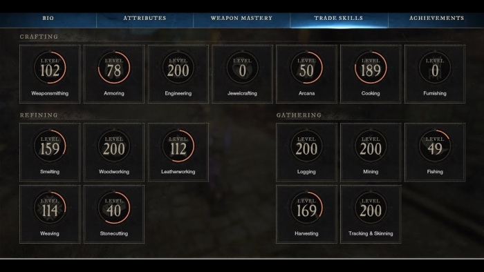 Inside game, Trade Skill Page showing all the levels the character have