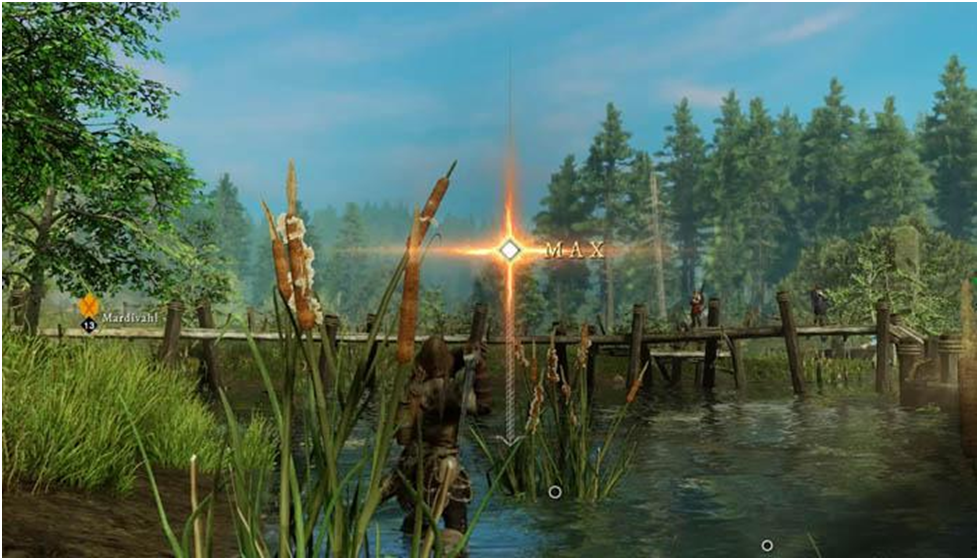 A man casting the pole to max in New World
