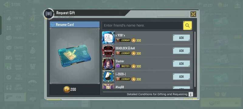 Friends List to Request Rename Card as a Gift