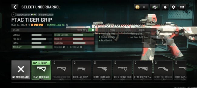 Underbarrel Selection screen for M4 Assault Weapon in Warzone Mobile