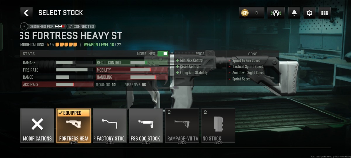 WSP Swarm SMG Stock Selection screen in Warzone Mobile