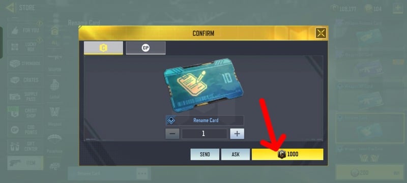 1000 Credit required to purchase Rename Card in COD Mobile