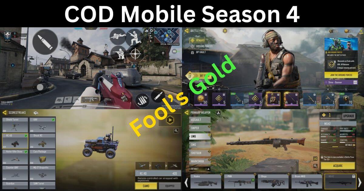 COD Mobile Season 4 - Fool's Gold with RC-XD Scorestreak, MG42 LMG, Standoff Remastered map, and S4 Battle Pass