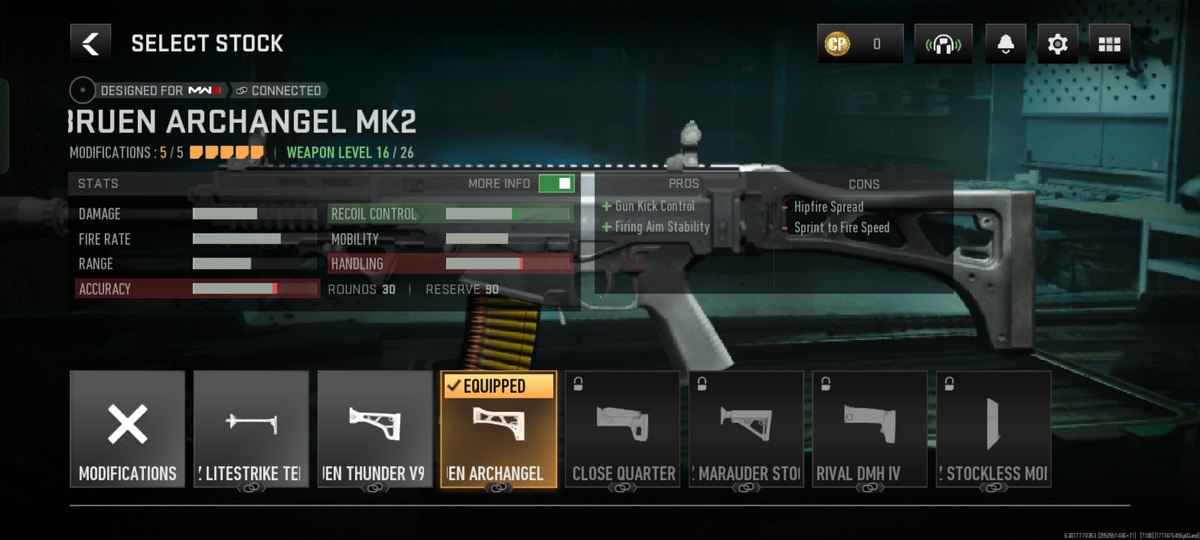 MTZ-556 Assault weapon Stock Selection screen in Warzone Mobile