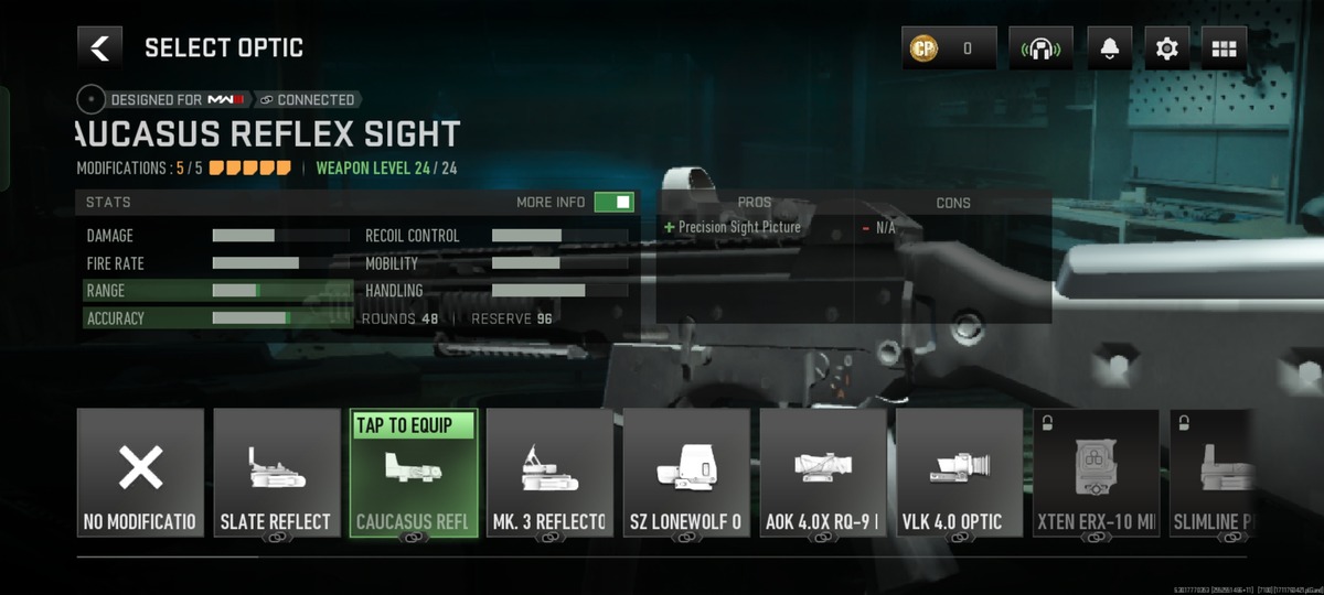 Striker SMG Optic Selection screen in Warzone Mobile
