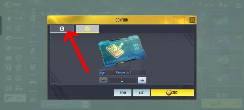 Rename Card purchasing screen with Credit and CP Option in COD Mobile