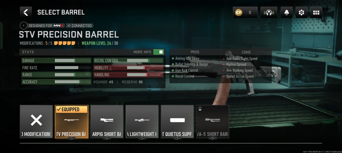SVA 545 Assault weapon Barrel Selection screen in Warzone Mobile