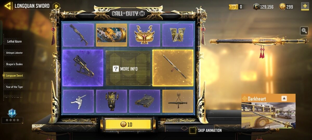 All items of LongQuan Sword Lucky Draw in COD Mobile