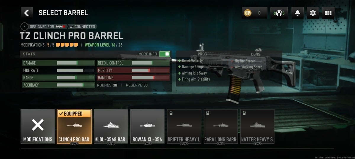 MTZ-556 Assault weapon Barrel Selection screen in Warzone Mobile