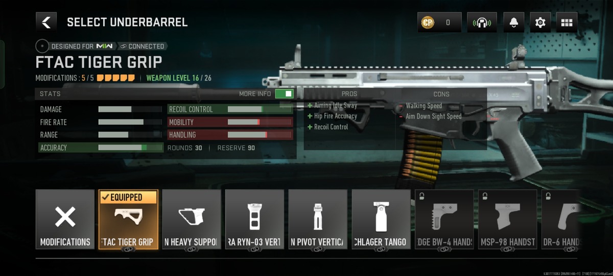 MTZ-556 Assault weapon Underbarrel Selection screen in Warzone Mobile
