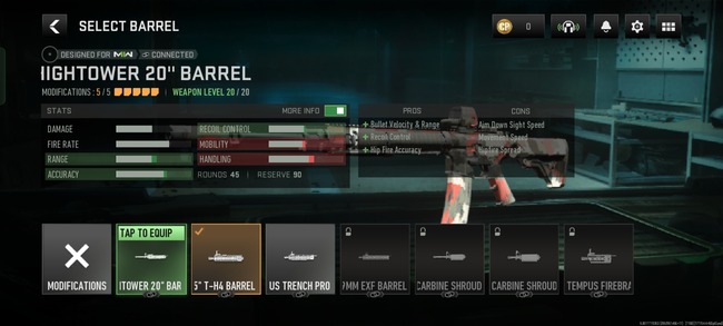 Barrel Selection screen for M4 Assault Weapon in Warzone Mobile