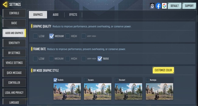 Graphics Settings with Frame Rate Options in COD Mobile