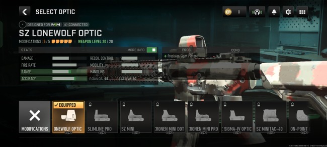 Optic Selection screen for M4 Assault Weapon in Warzone Mobile