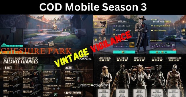 COD Mobile Season 3 containing Cheshire Park Map, Battle Pass, Balance Changes, and Lucky Draw Characters Poster