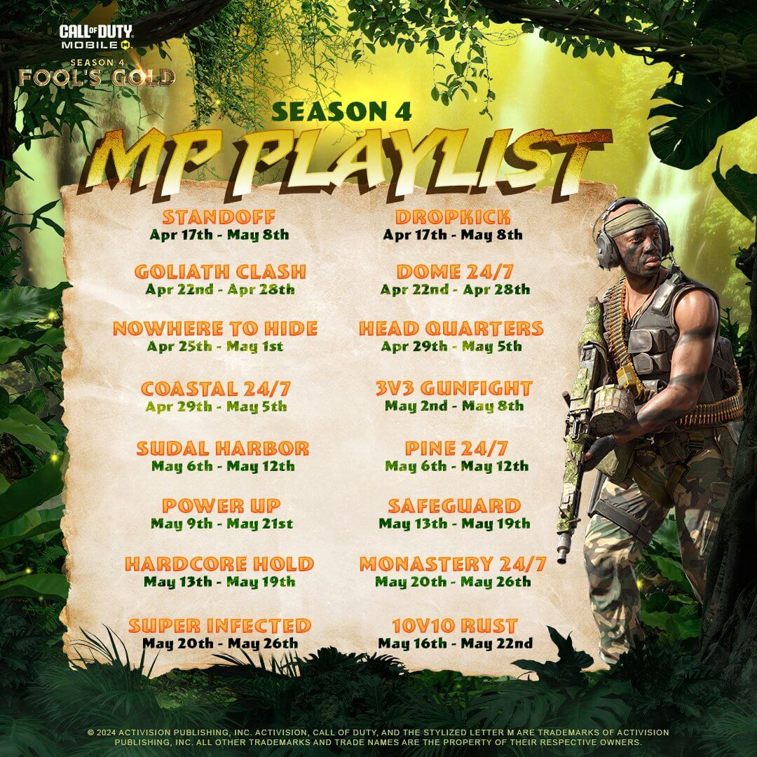 COD Mobile Season 4 - Fool's Gold All 16 Multiplayer Playlist with their releasing date and time duration