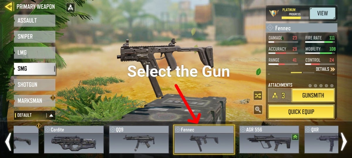 Selecting Fennec Gun from LOADOUT