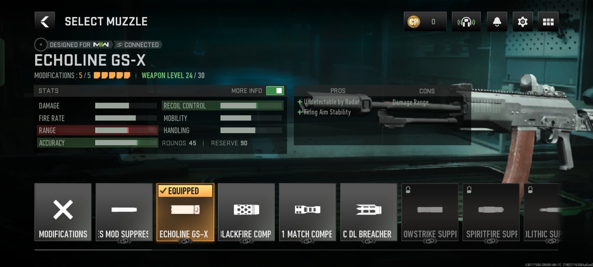 SVA 545 Assault weapon Muzzle Selection screen in Warzone Mobile