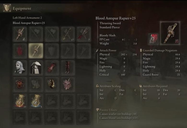 Antspur Rapier Arcane Build - Equipment